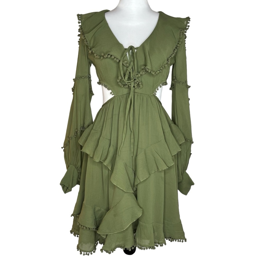 ASOS Design Army Green Cutout Long sleeve Dress with Tassels Size 6 - Picture 4 of 10